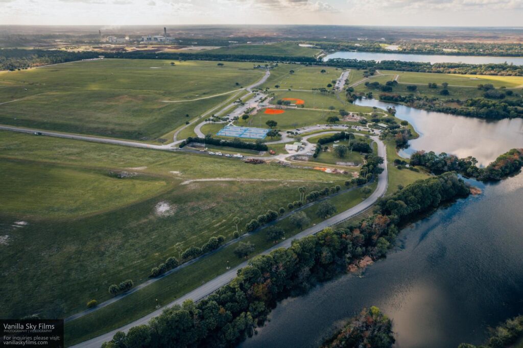 Aerial photo of Dyer Park entrance road