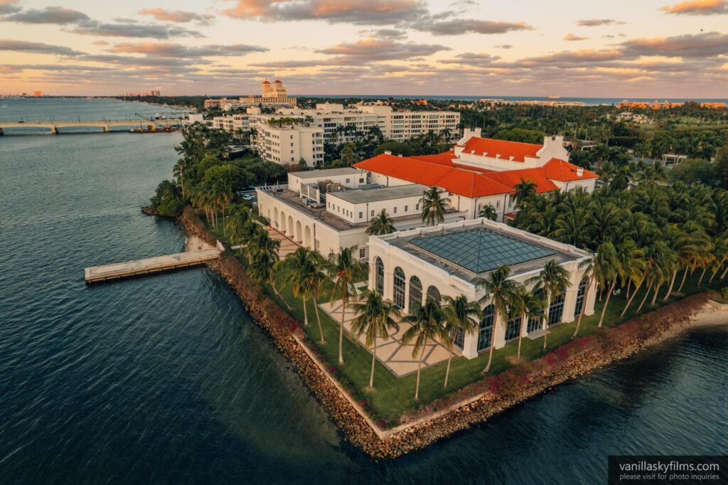 Aerial drone photo of Henry Morrison Flagler Museum from the intercostal side.