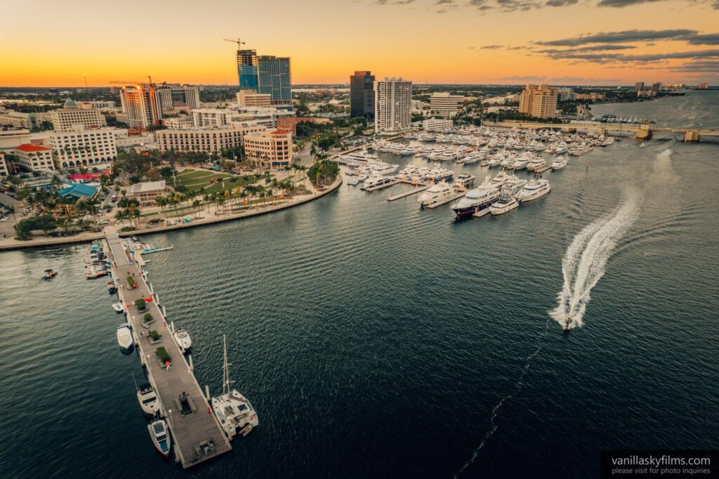 Drone photo of the west palm beach waterfront, public dock and marina.