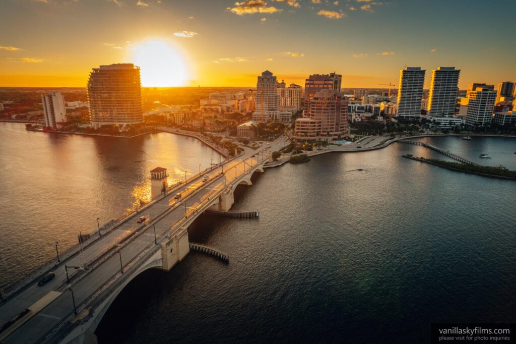 Aerial drone photo of royal park bridge in west palm beach during the sunset