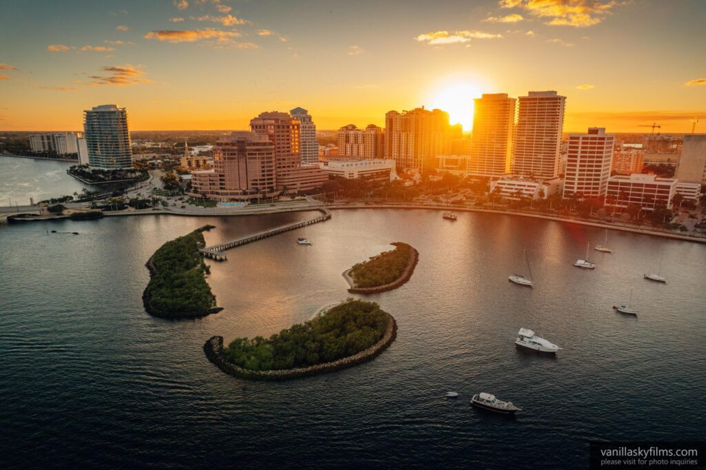 Beautiful drone photo of a West Palm Beach skyline during sunset