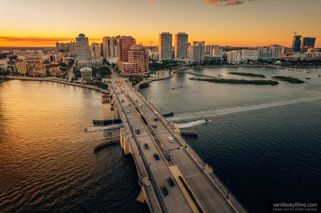 Royal park bridge and west palm beach skyline aerial drone photo during sunset