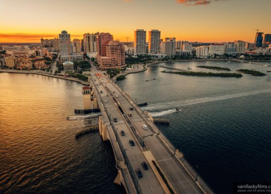 Royal park bridge and west palm beach skyline aerial drone photo during sunset